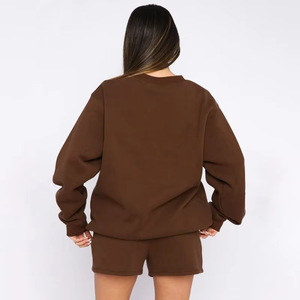 OEM Wholesale Women's Spandex/Polyester Casual Knee 2-Piece Knit Sweatshirt Short Sets Regular Fit Pullover Crew - Product Image 3