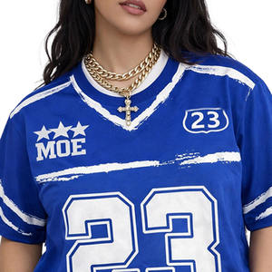 Camiseta Deportiva Personalizada Azul con Cuello en V para Mujer, Estilo Urbano, con Número Estampado, Venta al Por Mayor, Proveedor de Camisetas de Fútbol Americano - Product Image 6