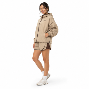 Ensemble sportif 2 pièces à capuche pour femme, short en polyester beige, tenue à séchage rapide, coupe ample, vêtements de printemps et d'été - Product Image 1