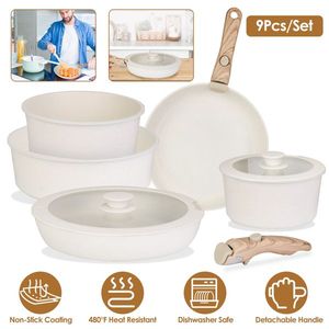 Set di pentole antiaderenti da 9 pezzi manici rimovibili in vetro temperato coperchi lavabili in forno per lavastoviglie pentole da cucina in alluminio Set di pentole - Product Image 1