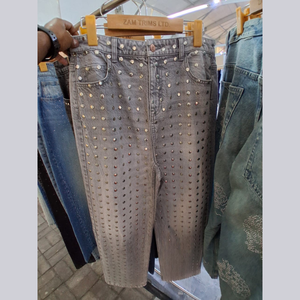 Pantalones vaqueros de cintura alta con diseño de diamantes cosidos, estilo casual, holgados y de pierna ancha para mujer, estilo urbano, para primavera. - Product Image 1