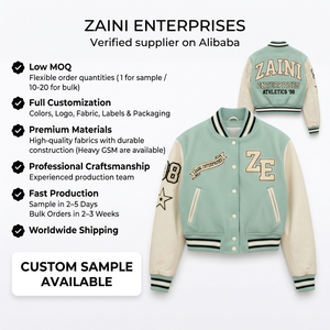 Veste courte pour femme, style varsity, 420 GSM, coton, polyester, polaire, menthe, blanc, panneau contrastant, broderie chenille personnalisée - Product Image 1