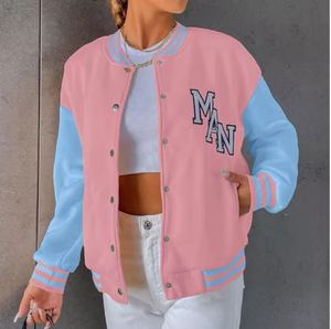 Veste universitaire rose et bleue à blocs de couleur, style décontracté unisexe, col rabattu, manches régulières, fermeture éclair, pour l'automne - Product Image 1
