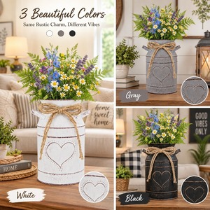 Vintage <b>White</b> Metal Milk Can Vase Rustic Farmhouse Heart Planter <b>Jug</b> Centerpiece Container with Jute Bow and Wildflowers - Product Image 5