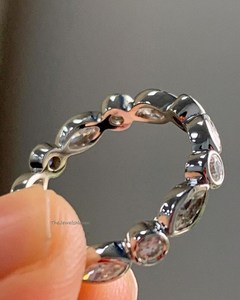 Vintage Moissanite Bezel Wedding Band Vintage Marquise Cut Round alternative Wedding Band 14K White <b>Silver</b> Wedding Band Bezel - Product Image 2
