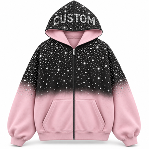 Sweat à capuche zippé personnalisé avec strass, 100% coton molletonné 400g, tricoté, coupe oversize, anti-plis, pour homme, style Y2K, hiver, couleur unie, streetwear - Product Image 1