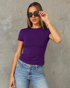 Camiseta de Mujer, Cuello Redondo, Manga Corta, Ajustada, de Algodón Jersey, Color Morado, Informal, Transpirable, para Todas las Temporadas - Product Image 5