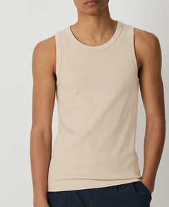 Débardeur sans manches pour homme, coupe classique, col rond, en maille côtelée beige, uni, en polyester, à porter devant, produit économique, sur mesure - Product Image 1