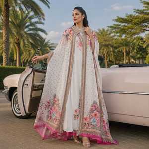 Floral Printed Cotton <b>Cape</b> Dress Set <b>Women</b> Elegant Ethnic Partywear Designer Longline Outfit Islamic Embroidery Quick One Set - Product Image 3