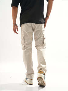 Nouveau pantalon cargo décontracté pour homme, beige, plusieurs poches, taille haute élastique, froncé, léger, style estival, respirant, en toile - Product Image 2