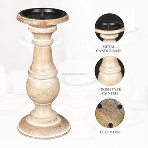 Juego de 3 candelabros de madera rústica con tapa de placa de metal negro Candelabros de pilar de madera de estilo Vintage para decoración del hogar - Product Image 3