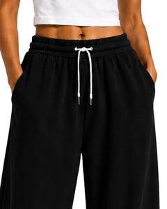 Pantalon de survêtement noir personnalisé pour femme, coupe large, taille haute, décontracté, style streetwear, en molleton, avec cordon de serrage et poches - Product Image 5