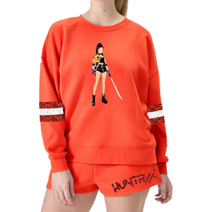 Women's Purple 2-Piece Sweatshirt Shorts <b>Set</b> With Sequin <b>Embroidery</b> Hunterix Character Stripes Casual Loose Fit Spring Summer - Product Image 3
