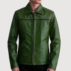 Blouson aviateur en cuir véritable vert, manches longues, col rabattu, fermeture éclair, veste d'automne pour homme - Product Image 4