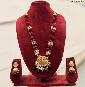Traditional South Indian Temple Long Bridal Necklace <b>Set</b> Alloy Gold Plated Kundan Zircon Pearl Earrings High Quality Vintage - Product Image 1
