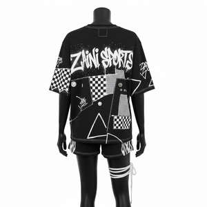 <b>Women</b> T shirt Booty <b>Short</b> Set Premium Cotton Polyester Jersey 200 GSM Black <b>White</b> Panel Design Custom Printed Logo <b>Women's</b> Sets - Product Image 2