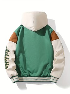 100% Cotton Hooded High Street Varsity <b>Jacket</b> Men Green Brown for Color Blocking Embroidered Patch Design Sherpa <b>Lining</b> Front - Product Image 5