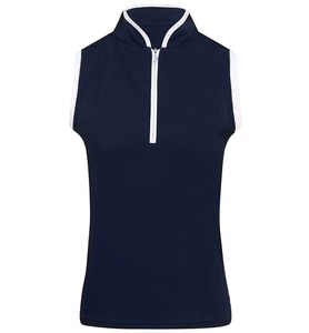 Women's Navy Sleeveless <b>Polo</b> Shirt Solid Color Knitted Quick Dry Casual Style Regular Fit 100% Polyester - Product Image 1