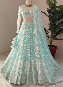 SKY BLUE Embroidered Lehenga Set V Neck Crop <b>Top</b> A Line Floor Length <b>Net</b> Dress With Dupatta for WEDDING - Product Image 1