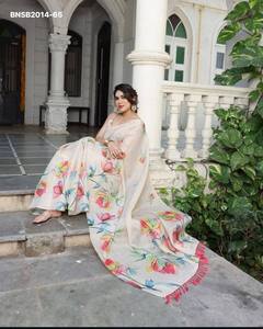 Magnifique ensemble sari et chemisier en lin et soie avec imprimé numérique à grandes fleurs colorées – Achats en ligne – Mode féminine Inde - Product Image 3