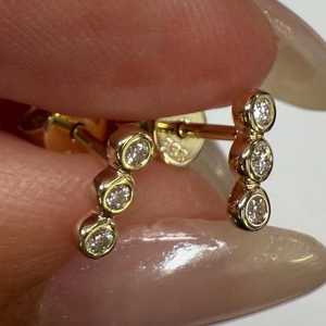 Modern Straight Bar Studs 14K Solid <b>Gold</b> Bezel Cut Lab Grown Trio Diamond White D Color VS+ Clarity 0.18ct Minimalist <b>Earrings</b> - Product Image 5