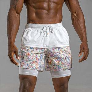 Men Shorts Double Layered 100% Polyester Summer 2 In 1 Shorts Men's Double <b>Layer</b> Fitness Shorts Zipper Pocket Drawstring - Product Image 4