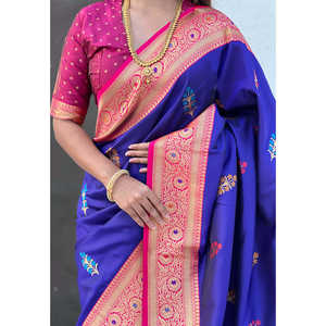 Violet Soft Silk Saree with Intricate Flower Butta Meenakari Zari Woven Design Elegant <b>Prom</b> <b>Dresses</b> by Elite Weaves - Product Image 2