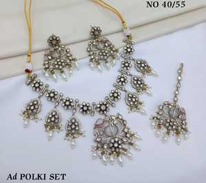 AD Polki Necklace Set With Dangle Earrings And Mangtika <b>Floral</b> AD Necklace Set For Wedding Festive Wear <b>Jewellery</b> Set Wholesaler - Product Image 4