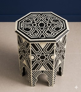 Mesa de Noche Moderna para Dormitorio con Incrustaciones Geométricas Negras, Mueble Decorativo de Madera para el Hogar - Product Image 4