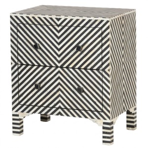 Table de chevet classique noire et blanche avec incrustation en os en chevron, armoire de rangement moderne à 2 portes avec motif en zig-zag et base en métal, à vendre - Product Image 5