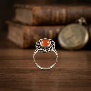 Lusterelics Bague florale en pierre naturelle Cornaline, style bohème, en alliage de laiton plaqué argent, sertie en canal, pour femme, idéale pour les soirées - Product Image 5