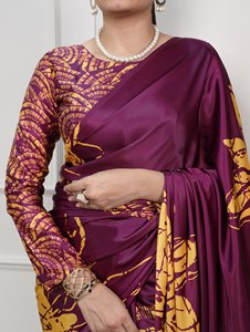 Sari en soie satinée imprimé par des designers pour femmes, vêtements ethniques, exportation - Product Image 3