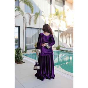 Ensemble haut et pantalon palazzo en velours glacé avec broderie Zari pour femmes - Product Image 2