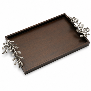 Plateau de service rectangulaire en bois de qualité supérieure avec poignées en forme de branche d'olivier argentée, plateau décoratif de luxe pour la maison - Product Image 1