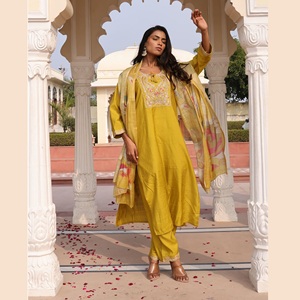 Elegante Conjunto de Kurti Amarillo para Mujer, Manga 3/4, Algodón y Seda, Completamente Cosido, para Ocasiones Formales y Festivas - Product Image 1