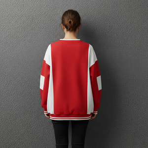 Sweat-shirt décontracté pour femme, rouge et blanc, à motif uni, col rond, doublure en polaire, manches longues, coupe régulière, pour l'automne - Product Image 2