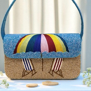 Sac de plage perlé avec parapluie arc-en-ciel et chaises rayées, rabat pliable, bandoulière unique, sac à main de vacances pour femme - Product Image 1