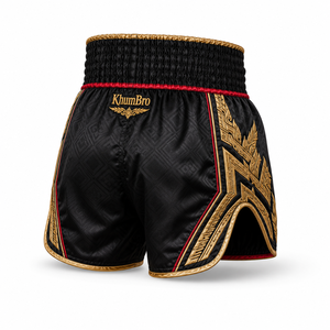 Shorts de Muay Thai Unisexe Brodés Personnalisés Noir et Or en Satin Premium 160g – OEM Marque Privée pour Kickboxing et Combat - Product Image 4