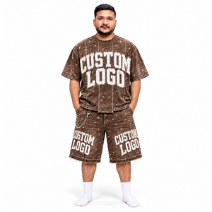 Custom Brown Rhinestone <b>Shorts</b> <b>and</b> <b>T</b> <b>Shirt</b> Set <b>Men</b> Oversized Boxy Streetwear Two Piece Distressed Raw Hem Private Label OEM - Product Image 1
