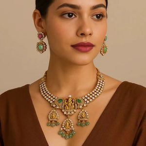 Collier ras du cou et boucles d'oreilles traditionnels en argent 925 Gajaah, avec diamants Polki et émeraudes, motif temple Nakshi, collection Sacred Divine Assembly - Product Image 1