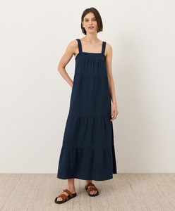 Women Girls Navy Blue Organic Cotton Floor-Length Strappy Tiered Maxi <b>Dress</b> <b>Loose</b> Fit Casual Summer Style Open Back Maxi <b>Dress</b> - Product Image 1