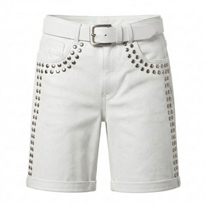 Pantalones cortos de cuero con pedrería estilo motero para hombre, de cuero auténtico, hasta la rodilla, casuales, para montar, con bolsillos, ¡los más vendidos! - Product Image 1