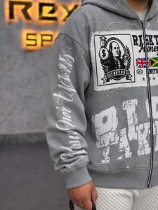 Sweat-shirt à capuche zippé gris pour homme, style streetwear, coupe oversize, en coton French Terry, imprimé, effet vieilli, avec patchs imprimés - Product Image 5