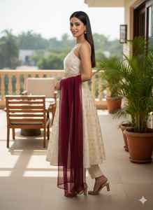 Ensemble Kurta et pantalon long évasé pour femme, couleur marron, avec dupatta en mousseline de coton, tenue ethnique élégante et festive, vêtements indiens et pakistanais - Product Image 2