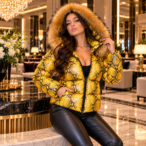 Womens <b>Yellow</b> Snakeskin Print Leather Motorcycle Style <b>Puffer</b> <b>Jacket</b> with Silk Lining | Breathable Luxury Winter Fashion Coat - Product Image 1