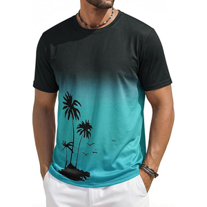 Teal Gradient Palm Tree Bird Silhouette Short Sleeve Crew Neck Casual Summer Men T <b>Shirt</b> - Product Image 1