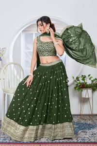 <b>Green</b> Lehenga Choli Set With Embroidered Border Traditional Indian Wedding Wear For Women Floor-Length Polyester Dress - Product Image 6