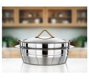 Plat rond en acier inoxydable argenté avec couvercle et poignée, idéal pour servir des plats chauds lors de mariages, de fêtes ou comme décoration de table. - Product Image 2