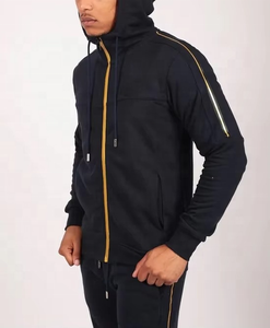 Chándal de moda con logotipo personalizado para hombre, chándal de lana para correr, liso, dos piezas, cremallera completa con dos bolsillos, ajuste ajustado de Color negro - Product Image 4