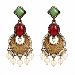 Luxury Traditional Indian Antique Silver Plated Brass <b>Drop</b> <b>Earrings</b> Pearl Shape Artificial Green <b>Red</b> Stones Bezel Setting Ethnic - Product Image 1